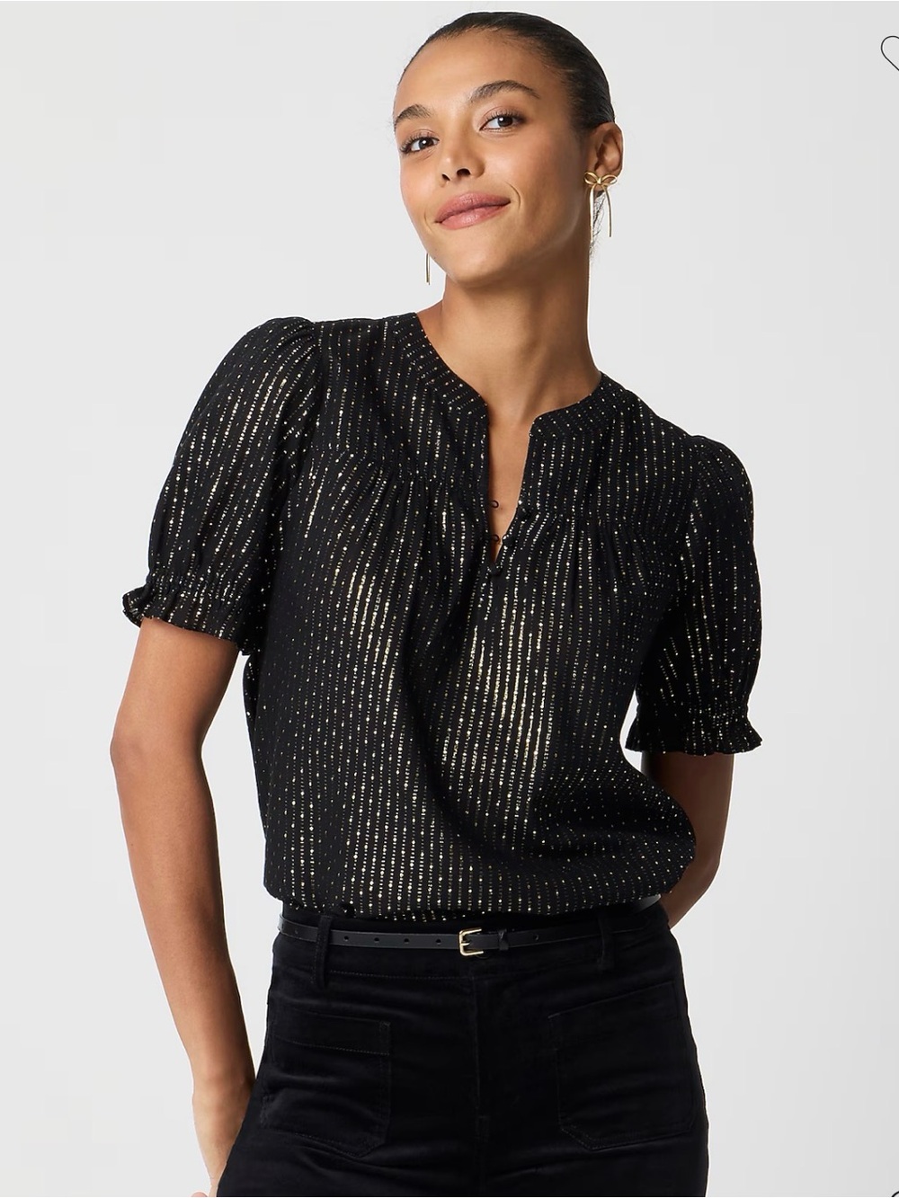 J. Crew Factory Black Blouse with Metallic Gold Stripes - Size M